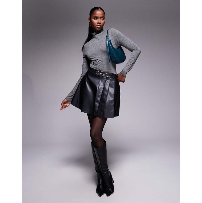 River Island faux leather snaffle metal detail pleated mini skirt in 109353934