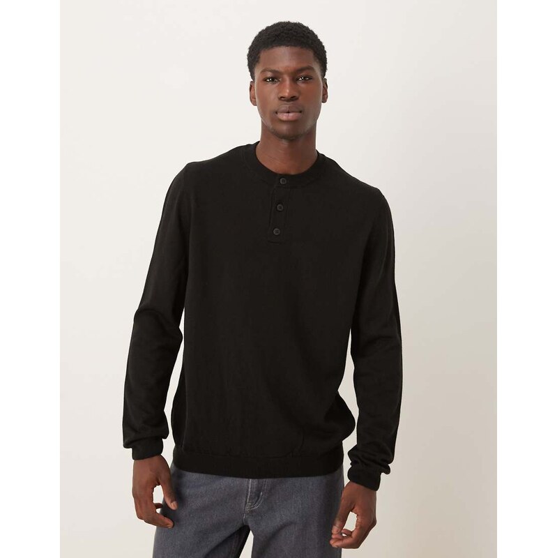 ASOS DESIGN knitted long sleeve henley neck t-shirt in black