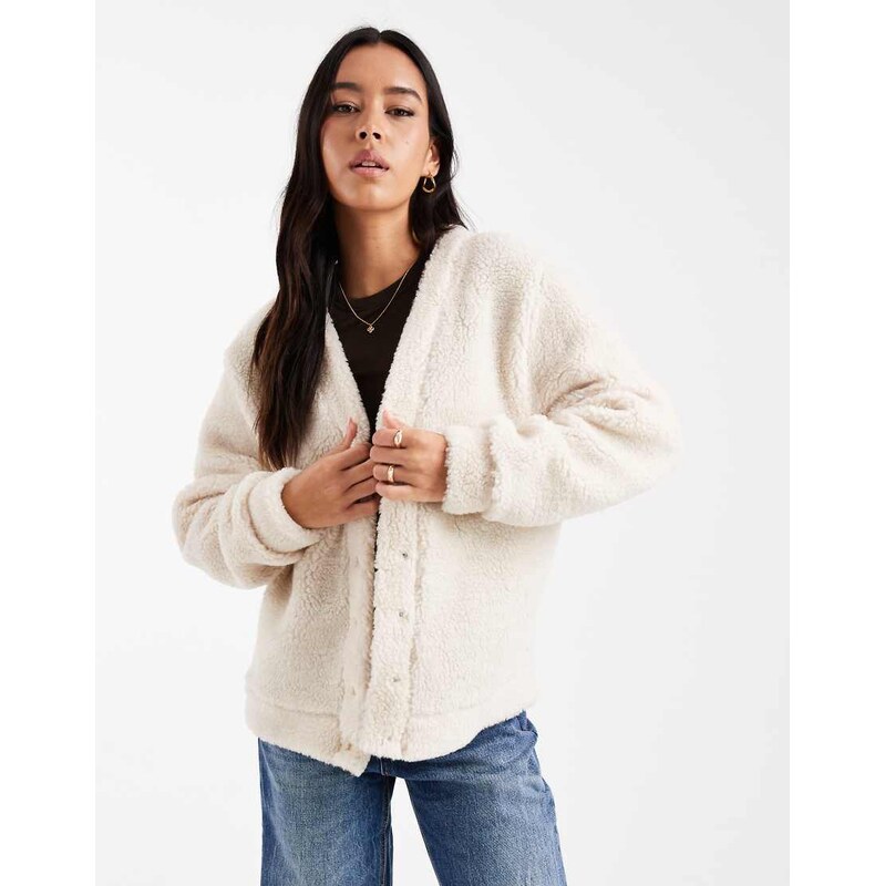 ASOS DESIGN longline borg fleece oversized cardigan in cream-White