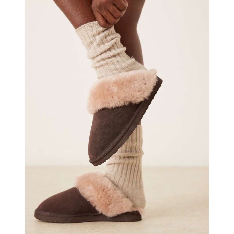 ASOS DESIGN Zamber premium sheepskin slippers in chocolate suede-Brown 114342953