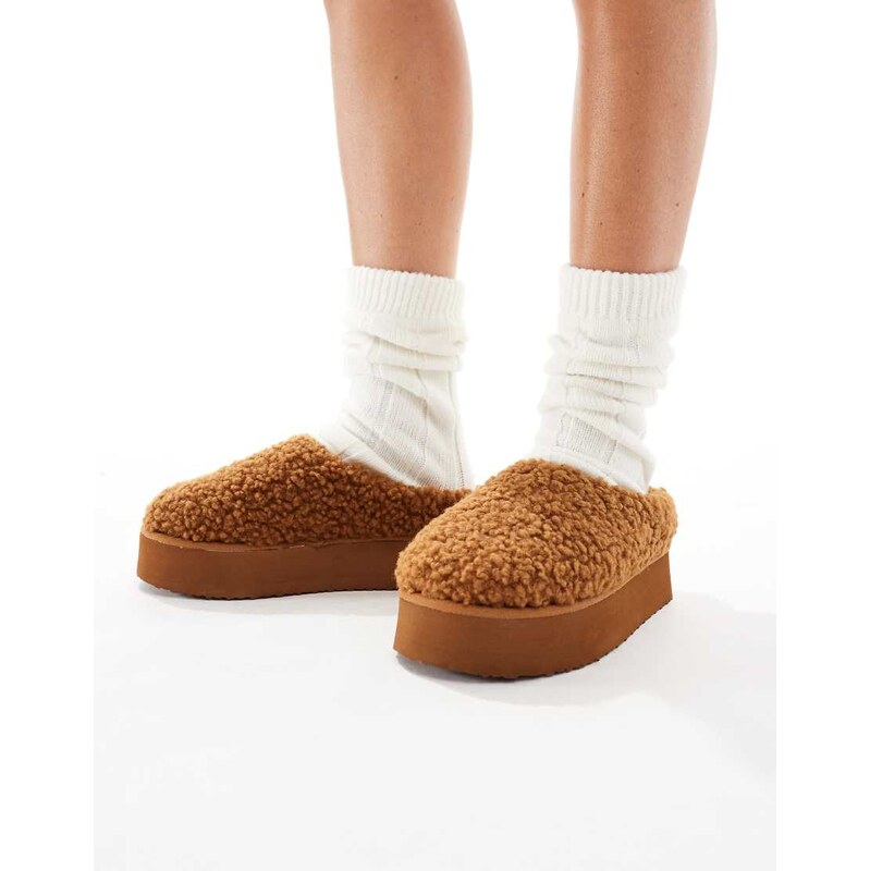 SEQWL fluffy teddy flatform mules in brown 115513437