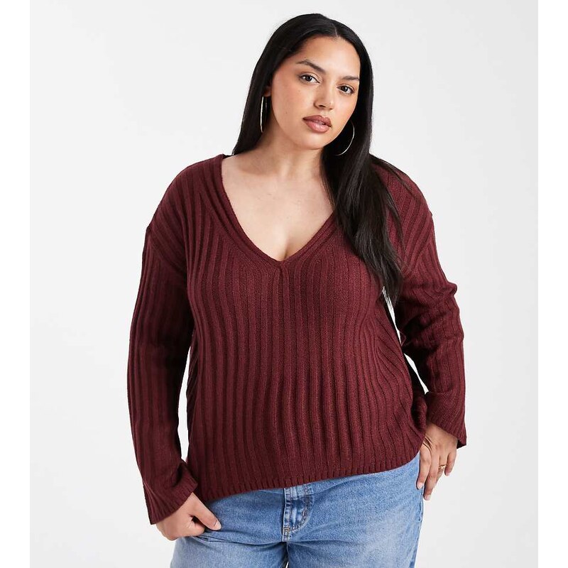 Brave Soul Plus deep v-neck ribbed jumper in wine-Red 115511893