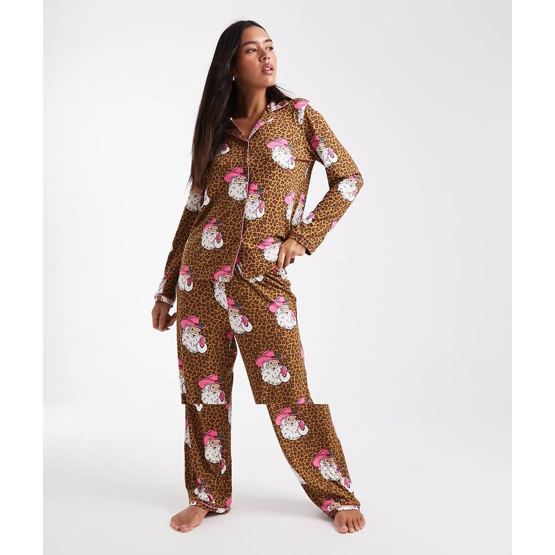 Urban Threads Christmas Santa leopard print pyjama set in brown