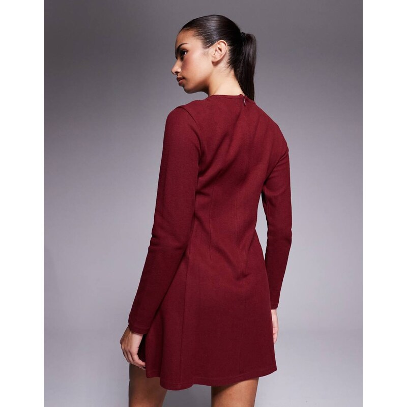 ASOS DESIGN supersoft long sleeve fit and flare mini dress in burgundy-Red
