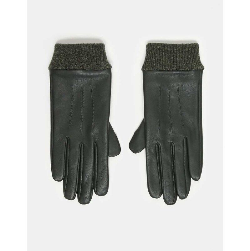 ASOS DESIGN leather touch screen gloves with rib cuff in green