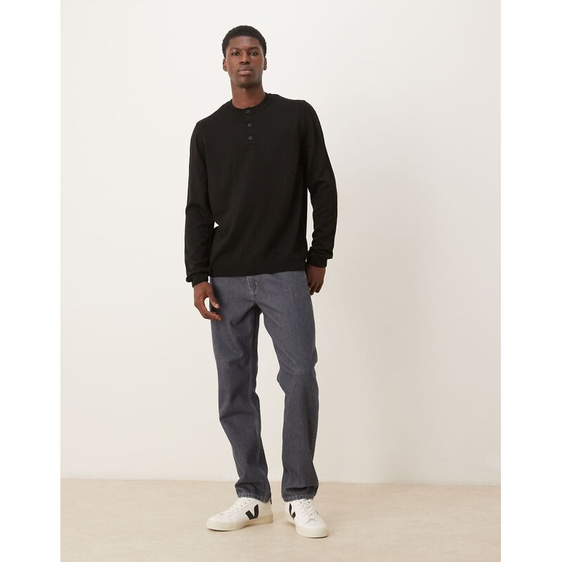 ASOS DESIGN knitted long sleeve henley neck t-shirt in black