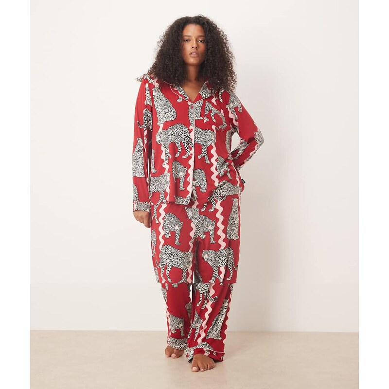 Chelsea Peers Curve poly long sleeve revere pyjama set in leopard 109369229