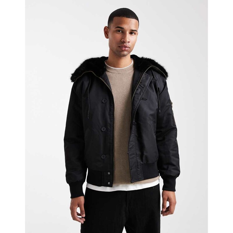 ASOS DESIGN oversized MA1 bomber jacket with faux fur hood in black
