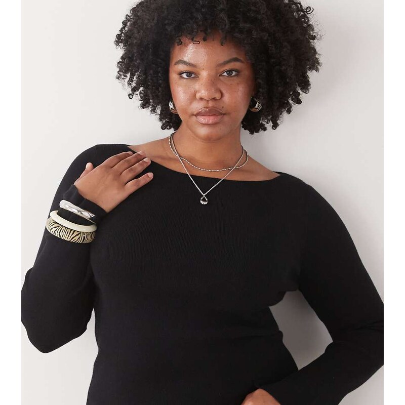 COLLUSION plus knitted slash neck long sleeve top in black