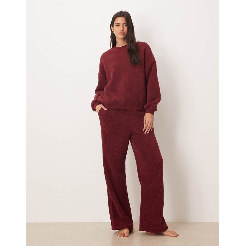 ASOS DESIGN lounge cuddle crew neck sweat & wide leg trouser set in burgundy-White