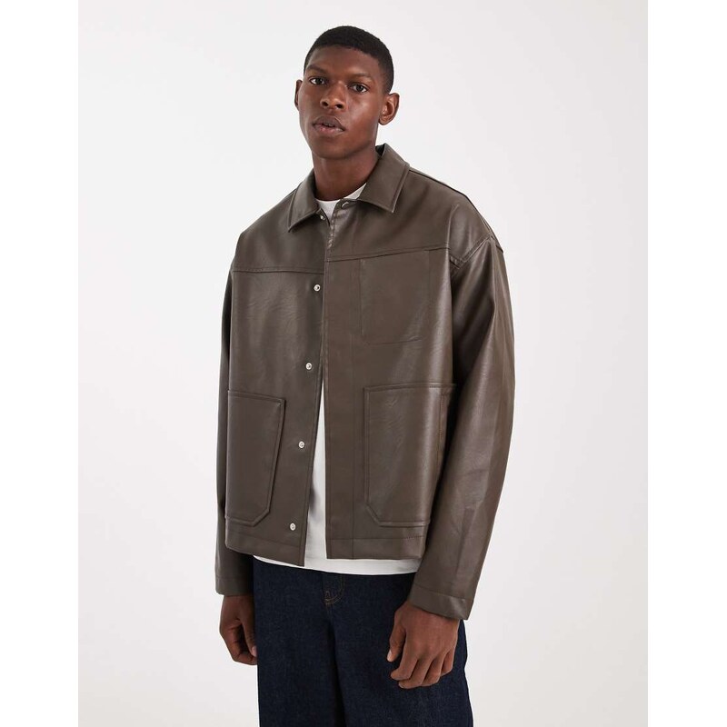 ASOS DESIGN faux leather harrington jacket in brown