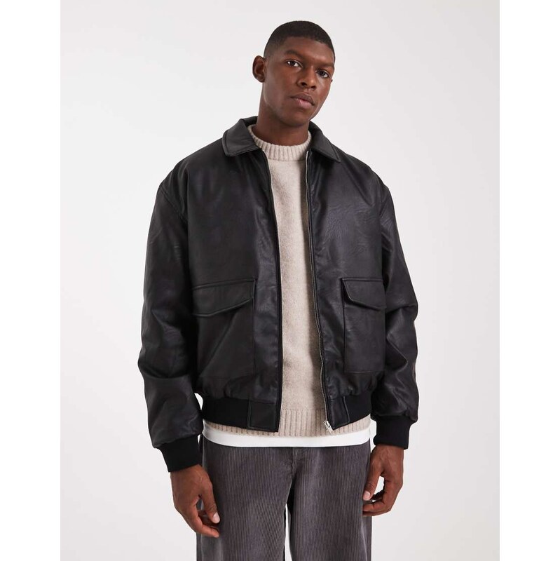 ASOS DESIGN faux leather bomber in black