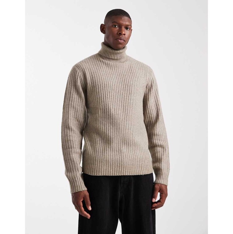 JJ Rebel roll neck cable knit jumper in beige-Neutral
