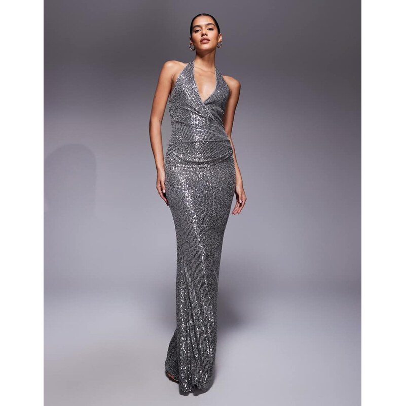 ASOS DESIGN all over sequin plunge maxi dress in silver
