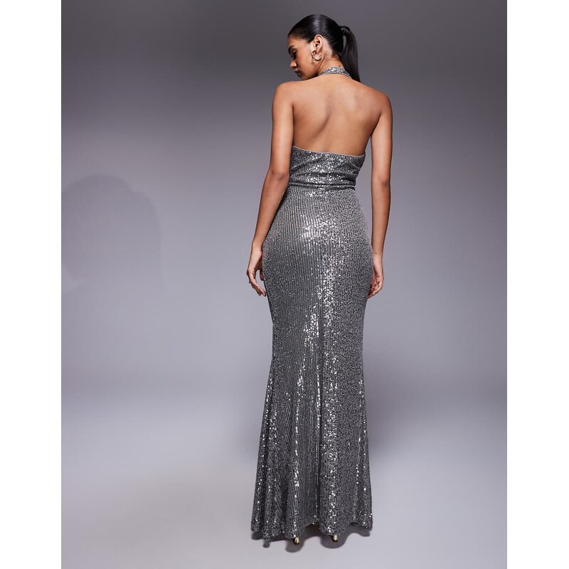 ASOS DESIGN all over sequin plunge maxi dress in silver