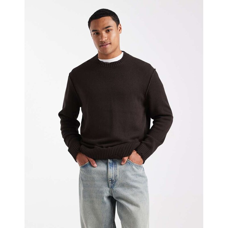 ONLY & SONS distressed crew neck knit jumper in brown