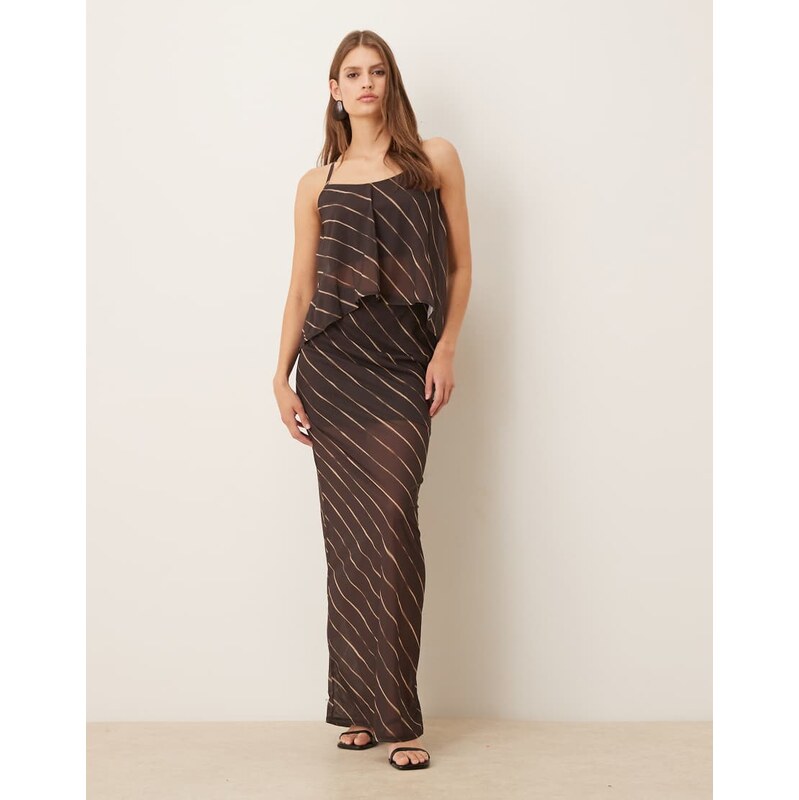 ASOS DESIGN co-ord sheer mesh maxi skirt in dark chocolate stripe-Brown