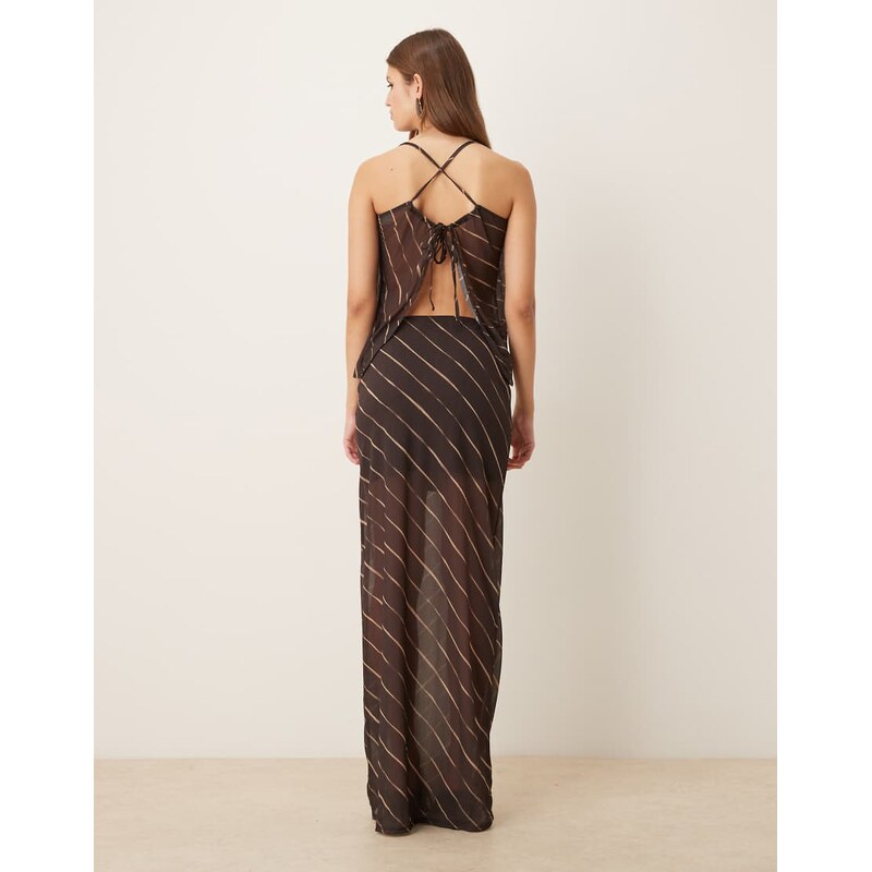 ASOS DESIGN co-ord sheer mesh maxi skirt in dark chocolate stripe-Brown