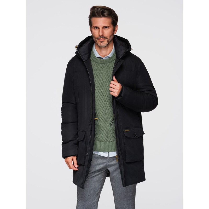 Ombre Elegant mens parka with cargo pockets and hood - black