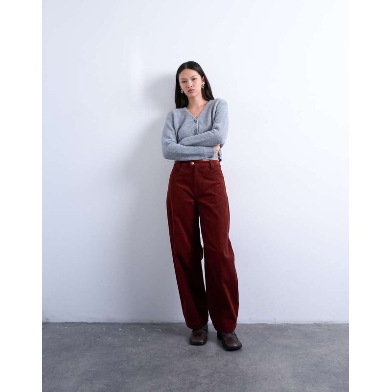 Topshop cord high rise barrel trouser in rust-Red 115513062