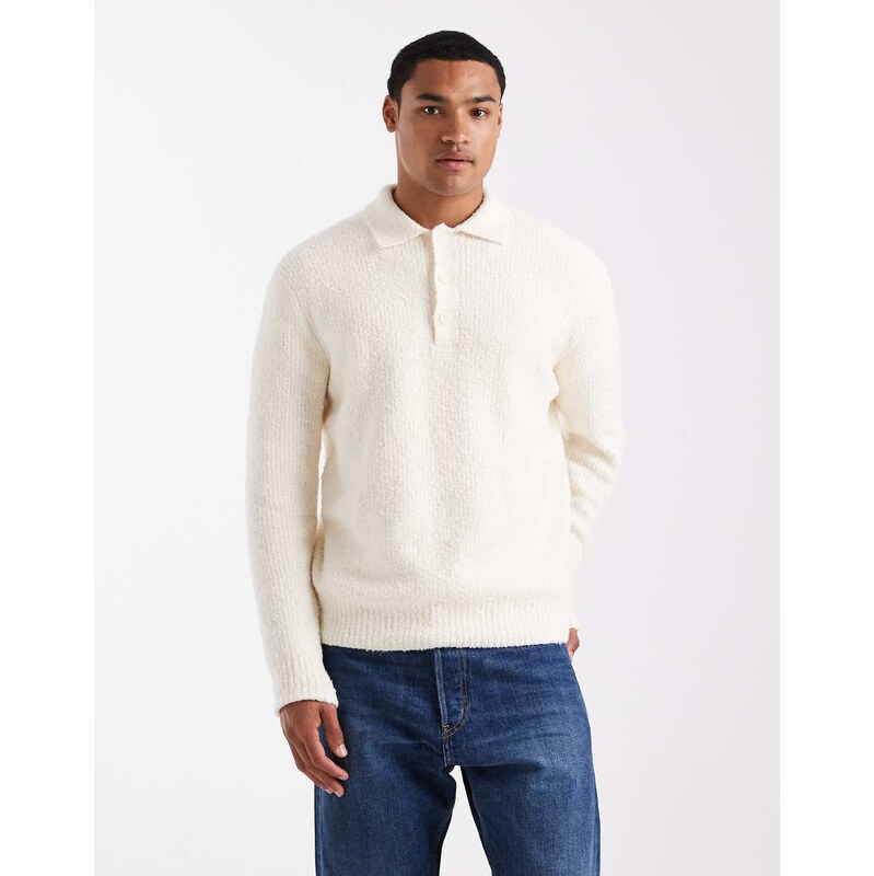 ONLY & SONS relaxed fit fisherman knit polo jumper in cream