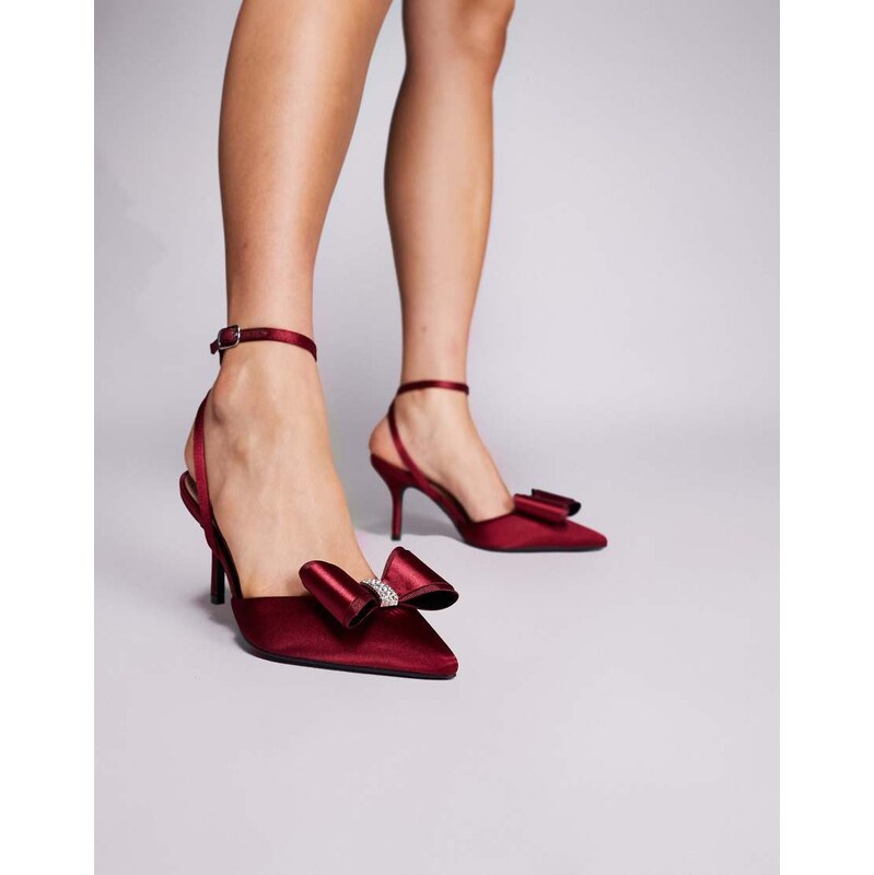 New Look satin bow court heels in burgundy-Red 109362852