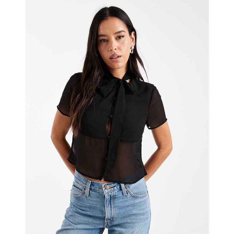 ASOS DESIGN button front tie neck sheer top in black