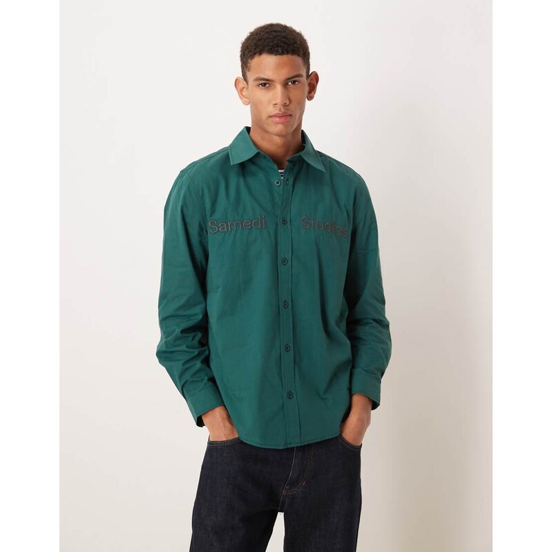 ASOS DESIGN poplin shirt with embroidery in dark green