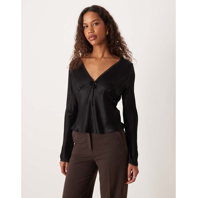 ASOS DESIGN long sleeve lace trim satin blouse in black
