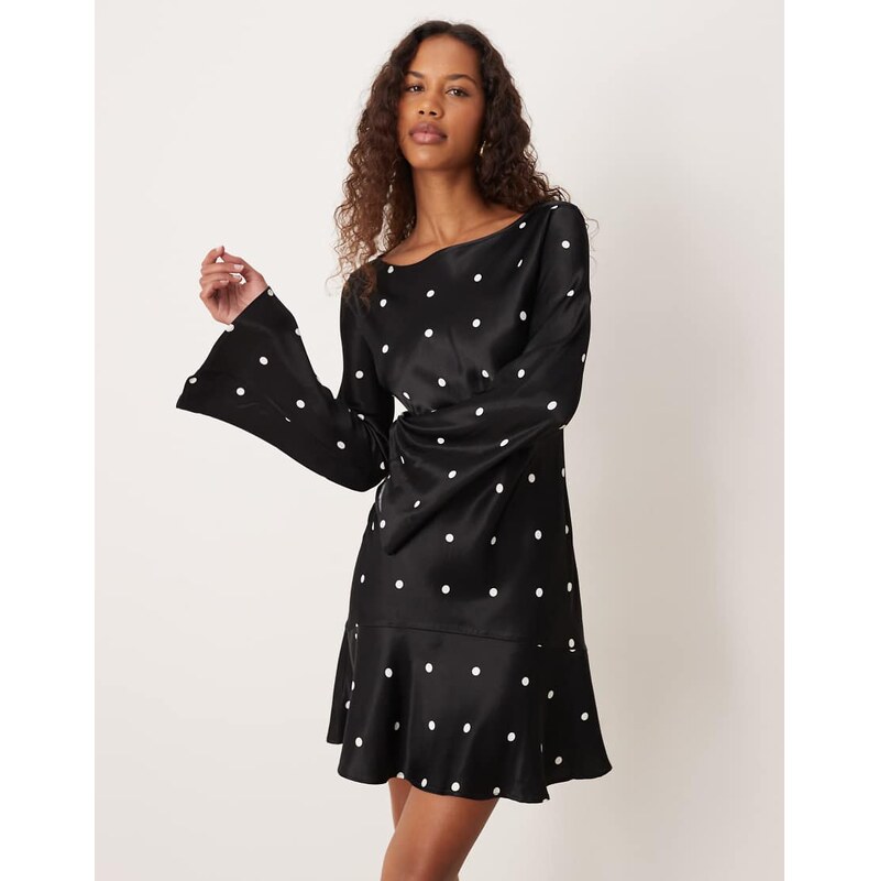 ASOS DESIGN flare sleeve satin mini dress in black based polka 109362959