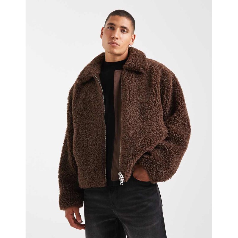 ASOS DESIGN oversized borg coach jacket in brown