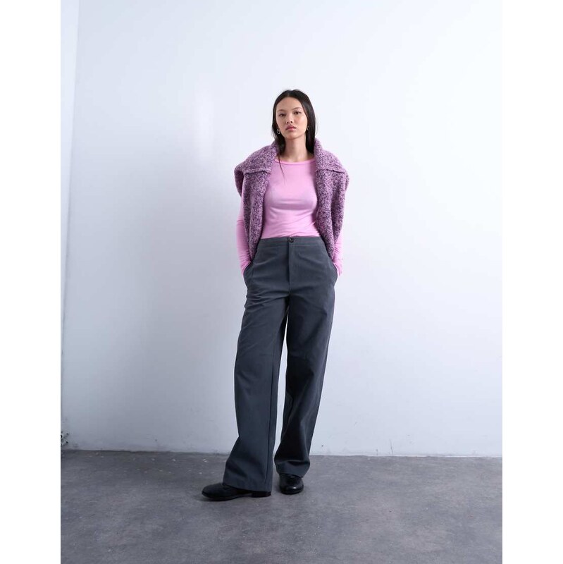 Topshop faux suede wide leg trouser with seam detail in slate