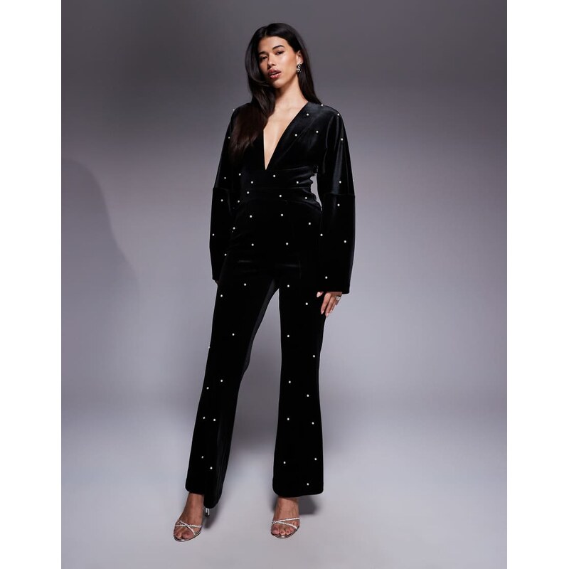 ASOS LUXE velvet plunge jumpsuit with pearl embellishment in