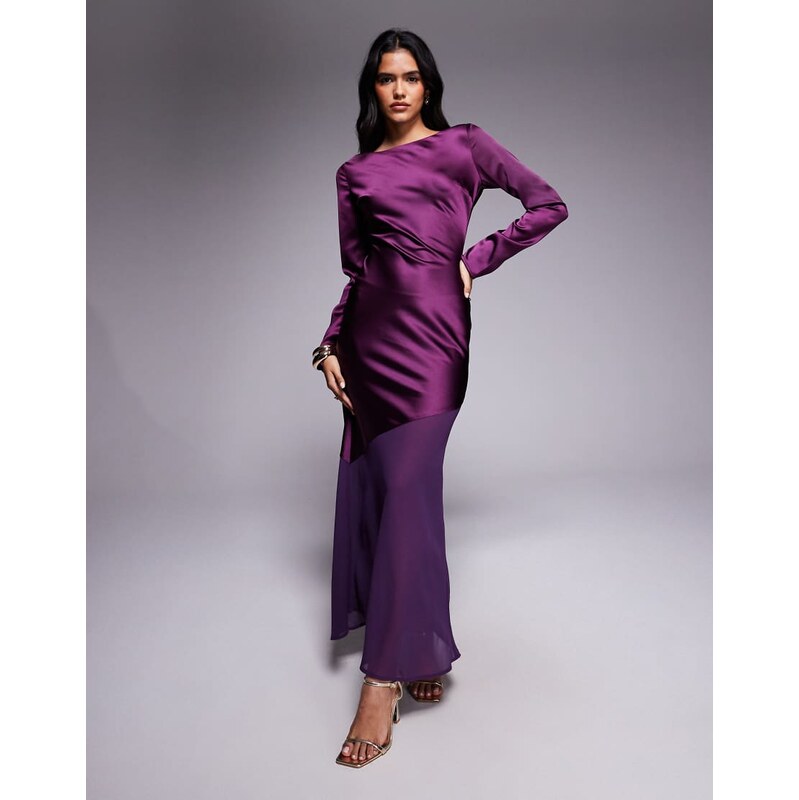 Rare London exclusive satin long sleeve sheer hem maxi dress in purple 109364861
