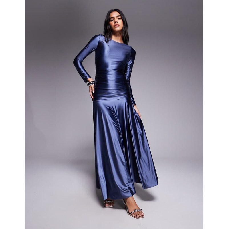 Rare London jersey satin ruched waist side split floaty skirt maxi 109364864