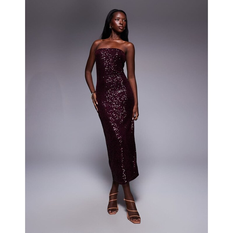 ASOS DESIGN sequin bandeau midi dress in burgundy-Red 115008135