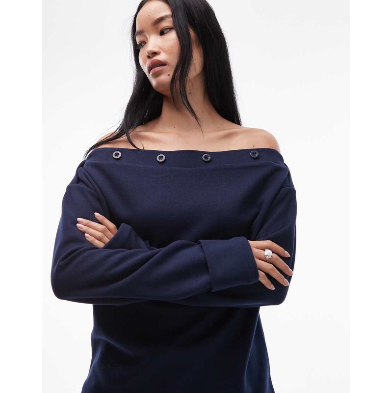 ASOS DESIGN Supersoft button detail boat neck long sleeve jumper in navy