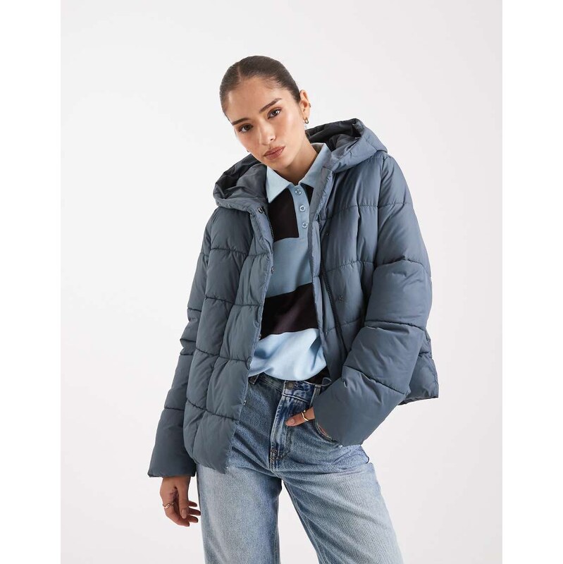 Vero Moda short puffer coat with hidden zip detail in stormy