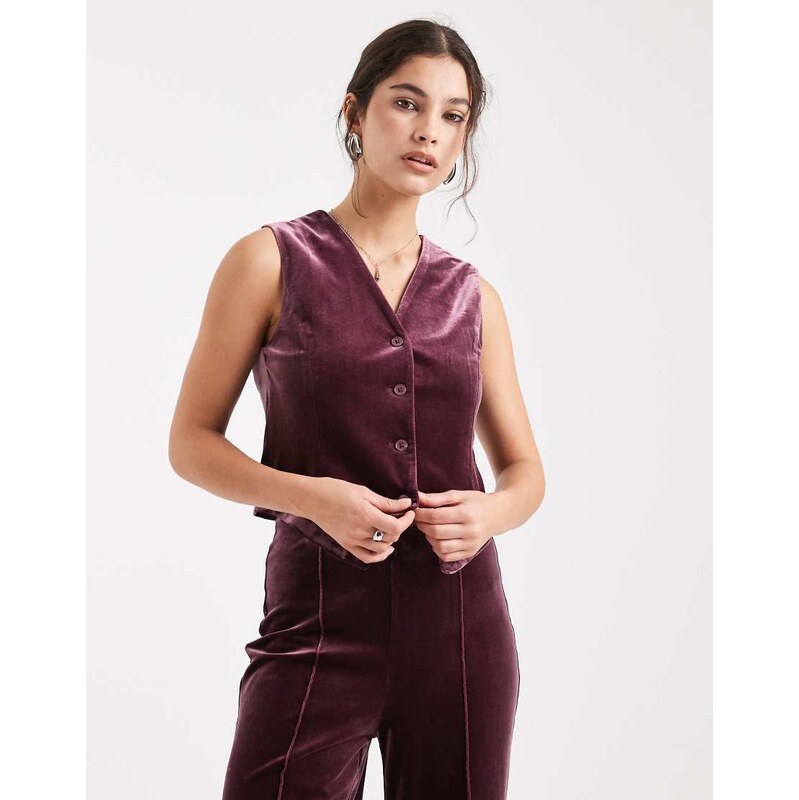 Vero Moda velvet waistcoat co-ord in burgundy-Red