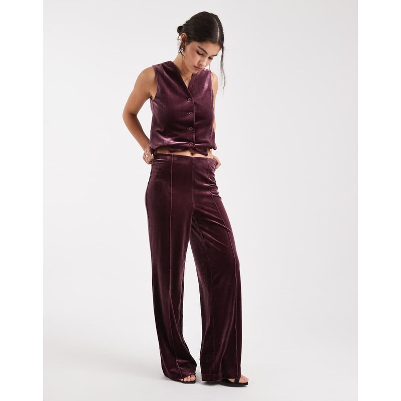 Vero Moda seam front tailored velvet trouser co-ord in burgundy