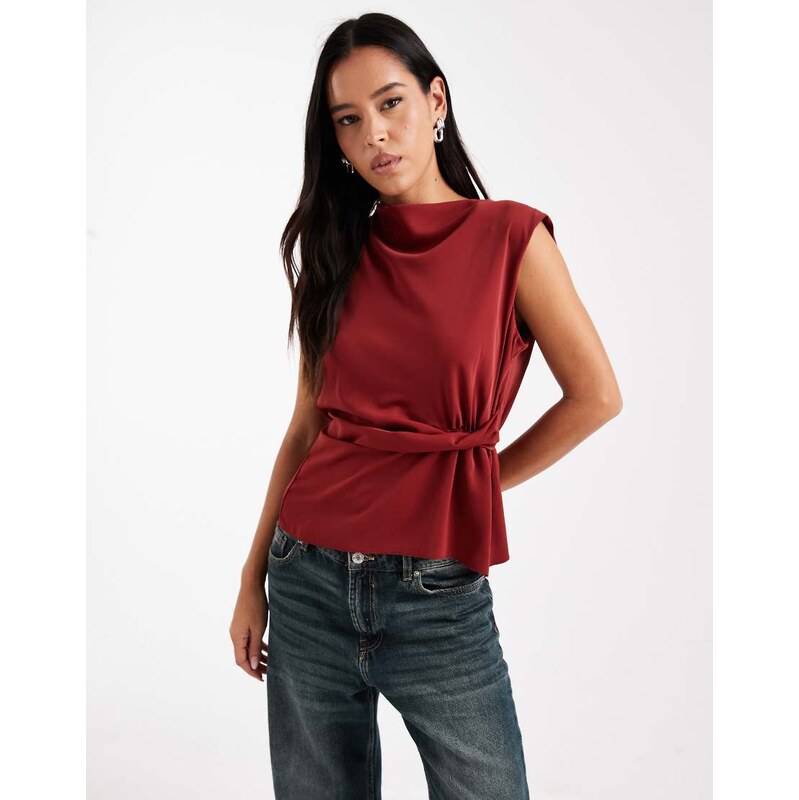 ASOS DESIGN cowl neck sleeveless top with twist waist detail in