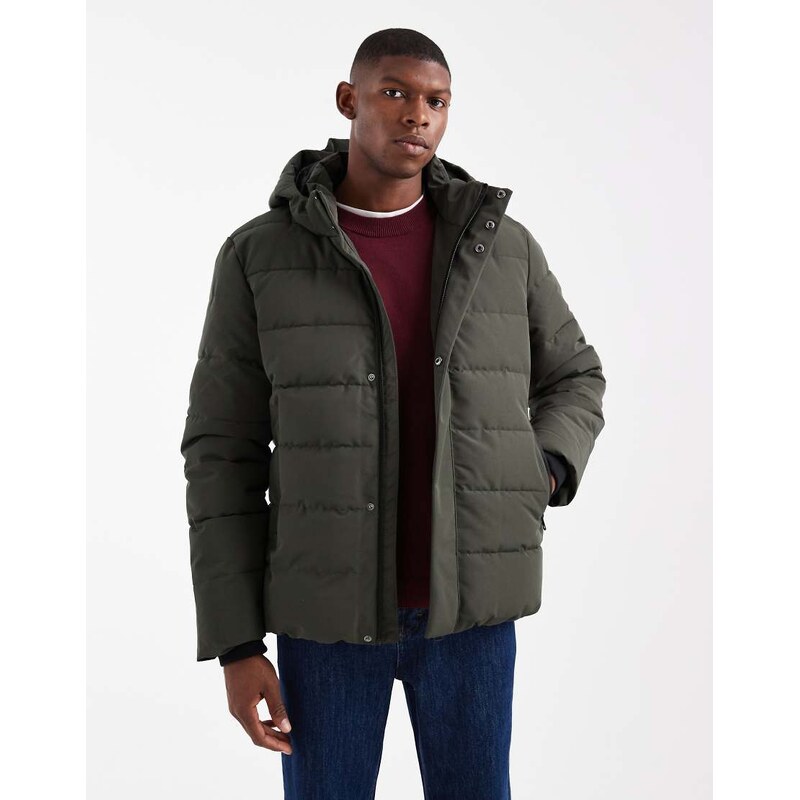 ONLY & SONS waterproof hooded puffer coat in dark grey brown