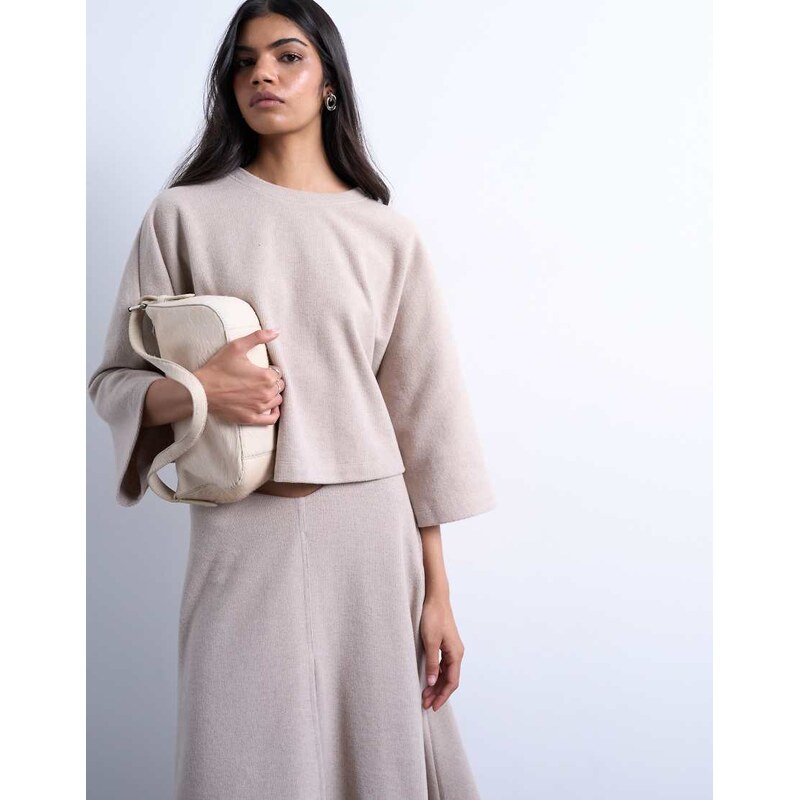 Topshop soft touch super wide crop sleeve tee co-ord in taupe