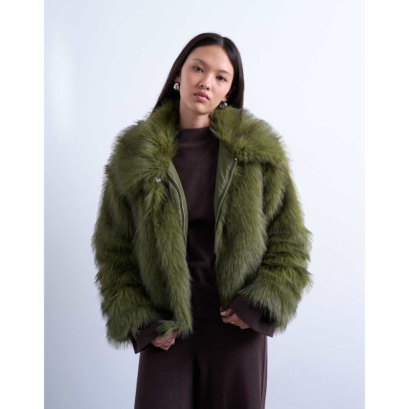 Topshop faux fur zip thru bomber jacket in olive-Green