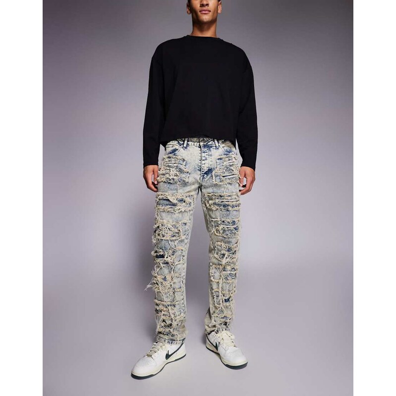 Liquor N Poker relaxed stacked rip repair denim jeans in light