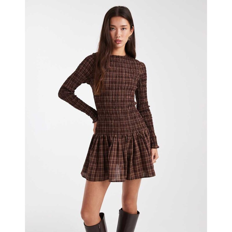 Daisy Street drop waist shirred mini dress in brown check