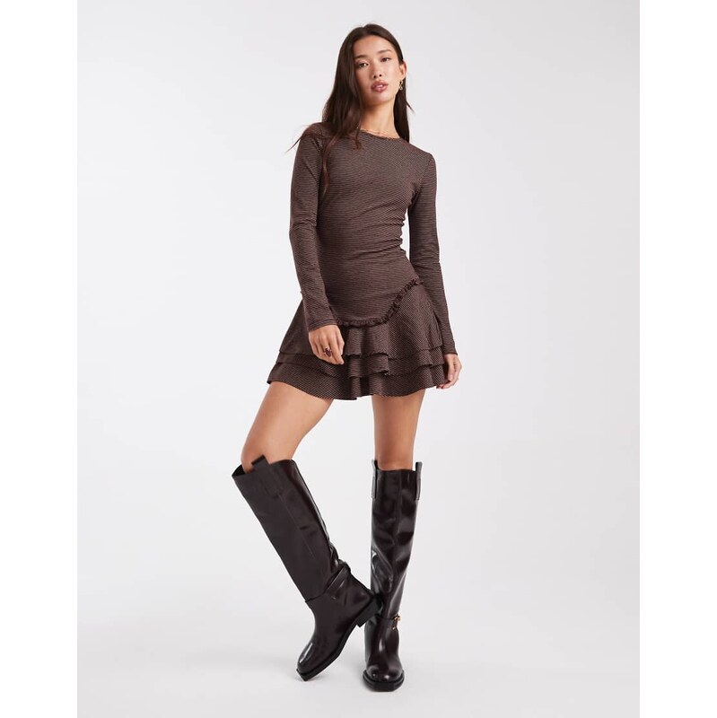 Daisy Street drop waist knitted mini dress in brown blue stripe