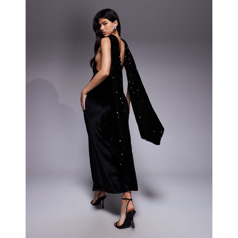 ASOS DESIGN velvet sequin maxi dress with scarf detail and open