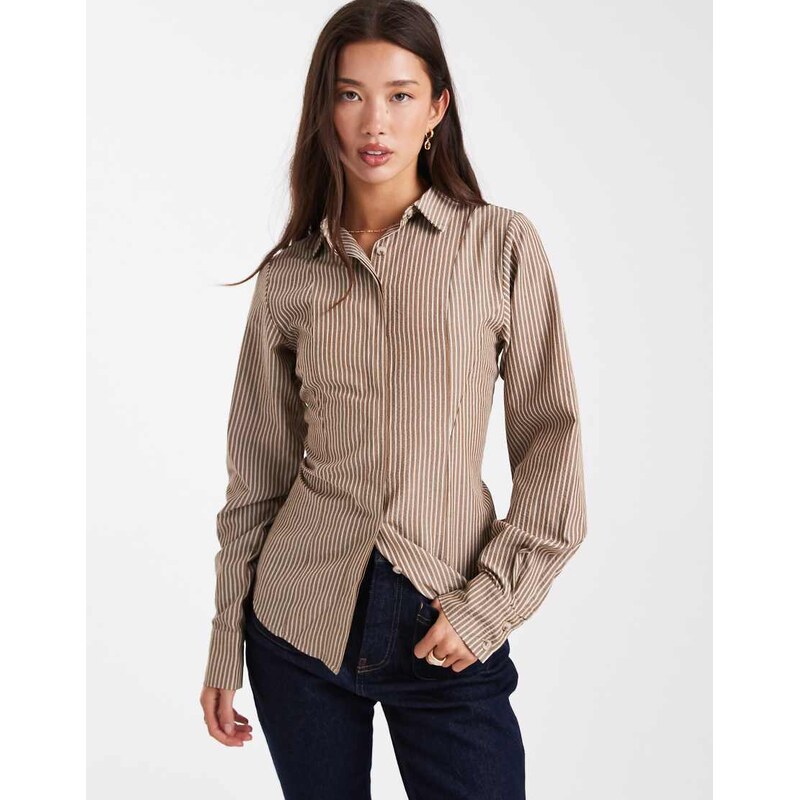 Daisy Street fitted sinched button down shirt with tie detail in stone 109793089