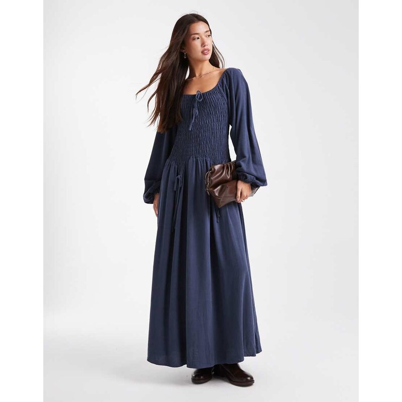 Daisy Street balloon sleeve drop shirred waist maxi dress in navy 115743834